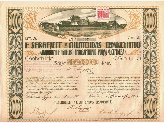 F.Sergefeffin Oluttehdas Osakeyhtiö vuodelta 1913