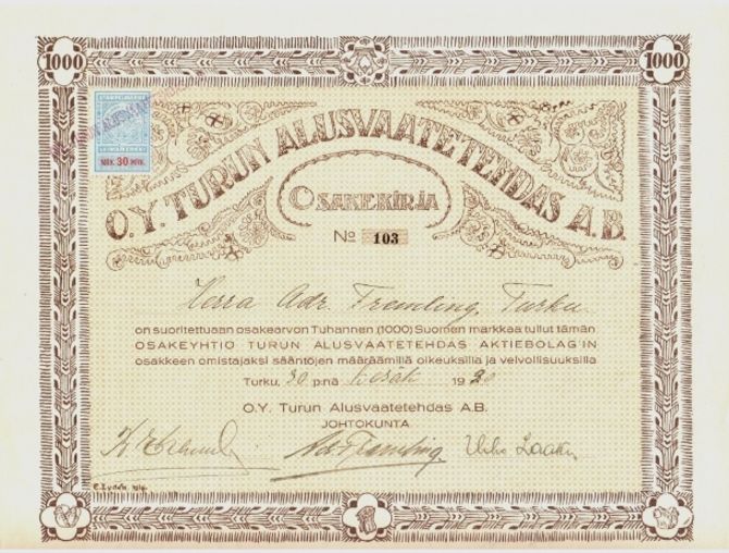 O.y Turun Alusvaatehdas A.b vuodelta 1920