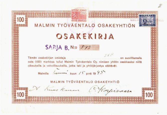 Malmin Työväentalo Osakeyhtiö vuodelta 1945