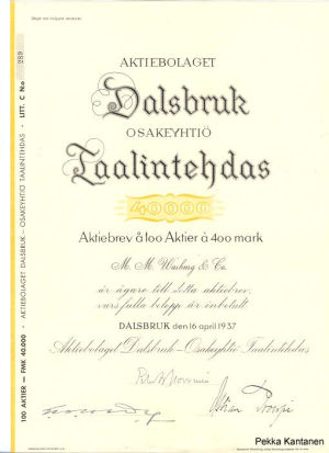 Aktiebolaget Dalsbruk - Osakeyhtiö Taalintehdas 1937