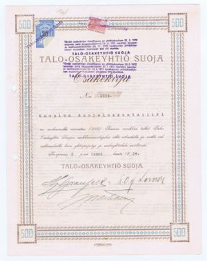 Talo-Osakeyhtiö Suojan osakekirja vuodelta 1924