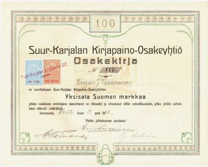 Suur-Karjalan Kirjapaino-Osakeyhtiö vuodelta 1920