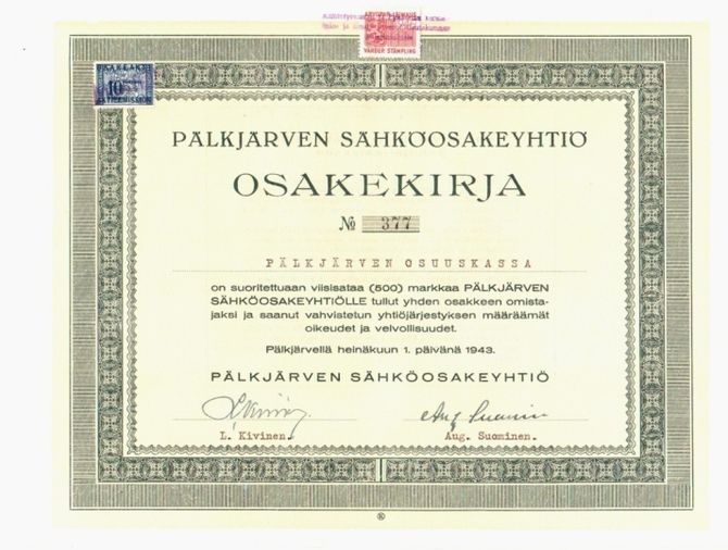 Pälkjärven Sähköosakeyhtiö vuodelta 1943